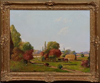 J. Ferencz (1900-, Austria), "Farm Scene," 20th c., oil on canvas, signed lower left, artist bio attached en verso, presented in a decorative gilt fra