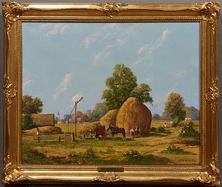 J. Ferencz (1900-, Austria), "Farm Scene with Haystacks," 20th c., oil on canvas, signed lower right, artist bio en verso, presented in a decorative g
