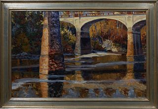 Philip Koch (1948-, American), "Chattahoocha River, Columbus, GA," 1984, oil on canvas, signed lower left, signed, titled and dated en verso, with a M