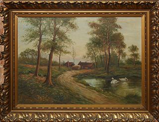 Adrianus M. Bouman (Dutch), "Two Swans on a Farm," 19th c., oil on canvas, signed lower right, presented in a gilt and gesso frame, H.- 25 1/4 in., W.