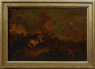 Continental School, "Soldiers on the Battlefield," 19th c., oil on canvas, unsigned, old sender label en verso from Norway to New Orleans, presented i
