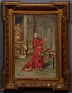 Alfred Weber (1862-1922, French), "A Cardinal in His Study with Cat," 19th c., watercolor on paper, signed lower left, presented in a gilt William Ken