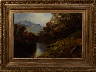 Continental School, "Mountain Landscape," 19th c., oil on canvas, unsigned, with Royal Street gallery slip en verso, presented in a gilt and gesso fra