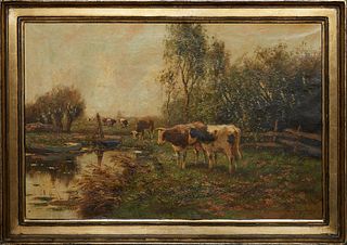 Cornelius Verschuur (1888-1966, Dutch), "Cows in Landscape," 19th c., oil on canvas, signed lower right, gallery information on artist en verso, prese