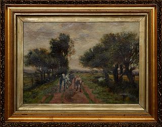 English School, "A Farmer and His Cows," early 20th c., unsigned, stamped "G. Rowney & Co. London, W. Quality B." en verso, presented in a gilt frame,