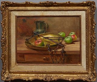 Rene-Louis Chretien (1867-1935, French), "Still Life of Scales and Apples," early 20th c., oil on board, signed lower right, presented in a gilt frame
