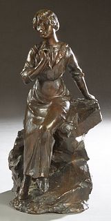 Edouard Fraisse (1880-1956, French), "Seated Woman on a Rock," early 20th c., patinated bronze, with a relief signature on the proper left side of the