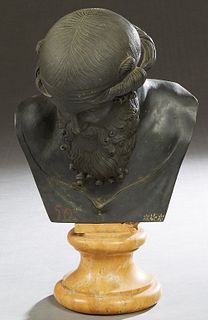 Continental School, Bronze Bust of Zeus, 19th c., after the antique, on a stepped ocher marble plinth, H.- 17 in., W.- 10 1/2 in., D.- 8 in.