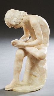 Zolmy, "El Spinario," "The Thorn Picker," late 19th c., carved marble figure, signed, probably a Grand Tour Souvenir, H.- 13 1/2 in., W.- 8 in., D.- 4