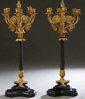 Pair of Empire Style Bronze and Marble Candelabra Lamps, 20th c., the six scrolled candle arms around a center straight candle arm, on a patinated ree