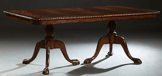 English Victorian Style Banded Inlaid Mahogany Dining Table, 20th/21st c., the rounded corner gadroon edge top, over a wide skirt, on double pedestals