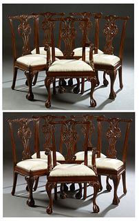 Set of Eight (6 +2) Carved Mahogany Chippendale Style Dining Chairs, 20th/21st c., with a serpentine crest rail over a pierced vertical back splat, to