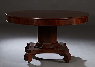 American Classical Style Carved Mahogany Dining Table, 19th c., the circular top over a wide skirt, on a large octagonal support, to a quadruped base 
