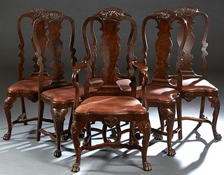Set of Six (5+1) Dutch Walnut Queen Anne Chairs, late 19th c., consisting of five side chairs and one arm chair, with an arched carved back over a vas