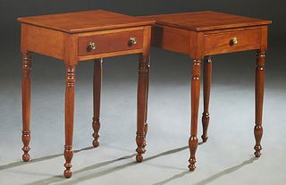 Near Pair of Carved Cherry End Tables, early 20th c., the rectangular top over a single drawer, on ring turned legs, First- H.- 28 1/4 in., W.- 20 3/4