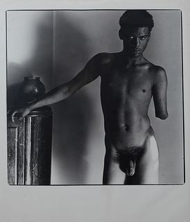 George Valentine Dureau (1930-2014, New Orleans),  "Male Nude Leaning on Column," 20th c., large silver gelatin photographic print, unsigned, shrink w