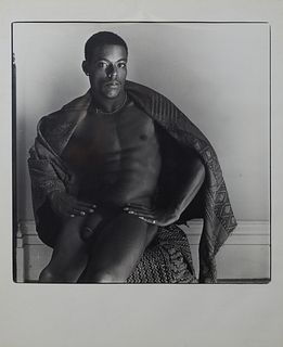 George Valentine Dureau (1930-2014, New Orleans), "Seated Male Nude with Blanket," 20th c., large silver gelatin photographic print, unsigned, shrink 