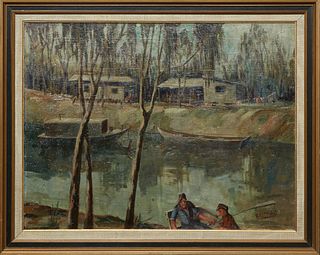 Ethel E. Howard, "A Louisiana Bayou," 20th c., oil on canvas, signed lower right, artist label with artist name, title and original price en verso, pr