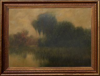 A.J. Drysdale (1870-1934, Louisiana), "Louisiana Bayou at Dusk," early 20th c., oil wash on board, signed lower left, presented in a wood frame, H.- 1