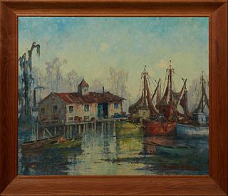 Knute Heldner (1875-1952, Sweden / Louisiana), "Shrimp Boats No.5," 20th c., oil on canvas, signed lower right, titled on stretcher en verso, presente
