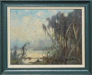 Knute Heldner (1875-1952, Swedish/American), "Louisiana Swamp Scene," early 20th c., oil on canvas, signed lower right, presented in a painted wood fr