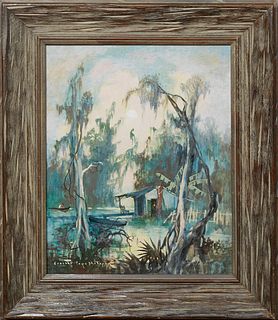 Colette Pope Heldner (1902-1990, New Orleans), "Swamp Idyll," oil on board, signed lower left, also signed verso "Colette Pope Heldner, Swamp Idyll, L