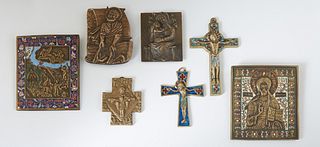 Group of Seven Bronze Traveling Icons, 20th c., four enameled: Christ the Teacher and Judge; Elijah, and 2 crucifixes; together with three bronze exam
