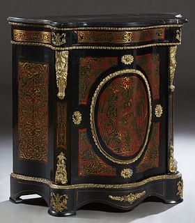 French Style Ormolu Mounted Ebonized Mahogany Bombe Boulle Marble Top Parlor Cabinet, 20th c., the highly figured ogee edge rounded corner serpentine 