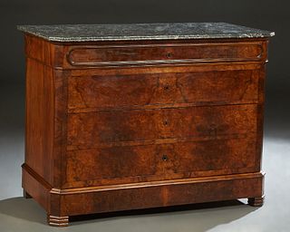 Louis Philippe Carved Walnut Marble Top Commode, 19th c., the reeded edge canted corner highly figured gray marble over a frieze drawer, three deeper 