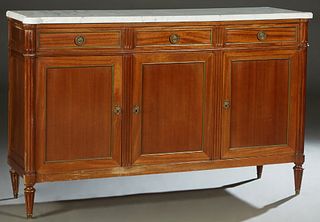 French Louis XVI Style Carved Mahogany Marble Top Sideboard, 20th c., the figured white ogee edge cookie corner marble over three frieze drawers, abov