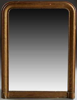 French Louis Philippe Gilt and Gesso Overmantel Mirror, 19th c., the arched wide frame with incised Greek key decoration, around a setback arched plat