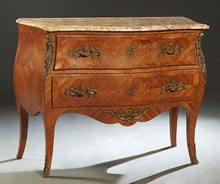 French Ormolu Mounted Louis XV Style Marquetry Inlaid Mahogany Marble Top Bombe Commode, late 19th c., the stepped serpentine bowfront tan and violett