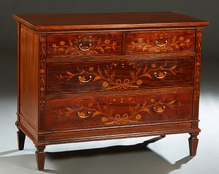 French Floral Marquetry Inlaid Mahogany Chest, late 19th c., the parquetry inlaid rectangular top over two floral marquetry inlaid frieze drawers and 