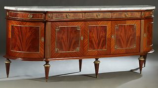 French Louis XVI Style Ormolu Mounted Mahogany Marble Top Sideboard, 20th c., the thick highly figured white marble over three frieze drawers above do