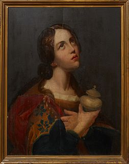 Old Master School, "Mary Magdalene," 19th c., oil on board, unsigned, presented in a gilt frame, H.- 27 1/4 in., W.- 21 1/4 in., Framed H.- 30 in., W.