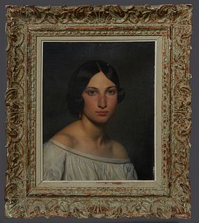 American School, "Portrait of a Young Woman," early 20th c., oil on canvas, unsigned, presented in a wood frame, H.- 17 3/4 in., W.- 14 1/2 in., Frame