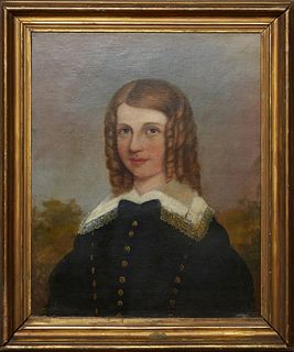 American School, "Portrait of a Young Girl," 19th c., oil on canvas, unsigned, presented in a gilt frame, H.- 21 1/4 in., W.- 17 1/4 in., Framed H.- 2