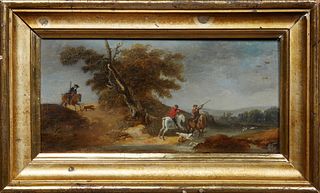 Attributed to Henry Thomas van Alken (1785-1851), "Hunting Scene with Dogs, oil on panel, unsigned, presented in a distressed gilt frame, H.- 4 7/8 in