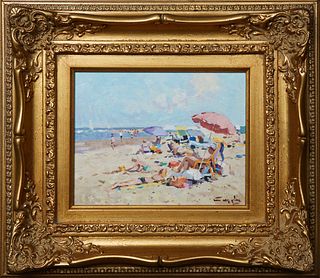 Niek Van Der Plas (1954-, Dutch), "A Day at the Beach," 21st c., oil on board, signed lower right, branded signature en verso lower right, presented i