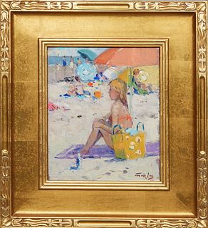 Niek van der Plas ( 1954-, Dutch), "Girl on the Beach," 20th c., oil on panel, signed lower right, presented in a wide carved gilt frame, H.- 11 3/8 i