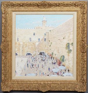 Niek van der Plas ( 1954-, Dutch), "The Wailing Wall," 20th c., oil on panel, signed lower right, presented in a wide gilt and gesso frame, with a lin