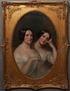 American School, "Portrait of Twin Sisters," 19th c., oil on canvas, unsigned, presented in an oval, gilt frame, H.- 35 5/8 in., W.- 23 3/4 in., Frame