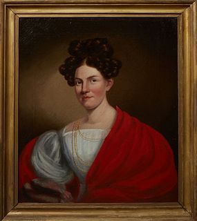 British School, "Portrait of a Lady with White Regency Dress and Red Shawl," 19th c., oil on canvas, unsigned, presented in a wood frame, H.- 29 1/2 i