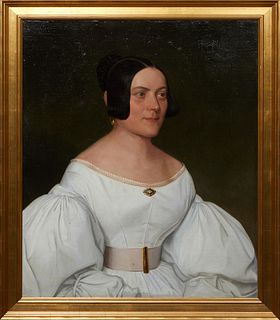 V.J., "Portrait of a Lady in White," 1836, oil on canvas, initialed and dated lower right, with a French inscription en verso, presented in a gold lea