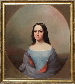 American School, "Portrait of a Young Woman in Blue," 19th c., oil on canvas, unsigned, "Mary Hutchinson Per Lee" written in pencil on the bottom stre