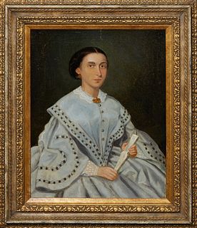 American School, "Portrait of an American Lady in Civil War dress with Fan," 19th c., oil on canvas, unsigned, presented in a gilt frame, H.- 18 in., 