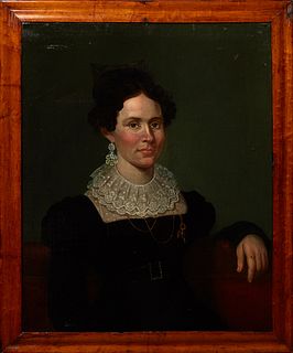 American School, "Portrait of a Lady in Mourning," 19th c., oil on canvas, unsigned, presented in a wood frame, H.- 29 1/2 in., W.- 23 3/4 in., Framed