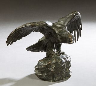 Antoine Louis Barye (1796-1875, French), "Spread Wing Eagle," 19th c., patinated bronze, impressed signature proper right by the eagle's foot, the pro