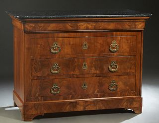 French Provincial Louis Philippe Carved Walnut Marble Top Commode, 19th c., the rounded edge and corner highly figured black marble over a cavetto fri