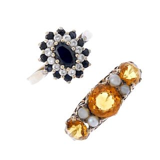 A selection of five 9ct gold gem-set rings. To include a sapphire and cubic zirconia cluster ring, a